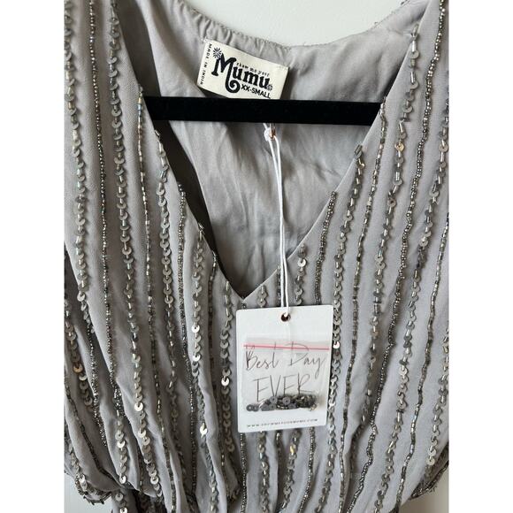 Show Me Your MuMu Michelle Flutter Maxi Dress Dove Grey Beaded Sz XXS, Wedding - Picture 4 of 7